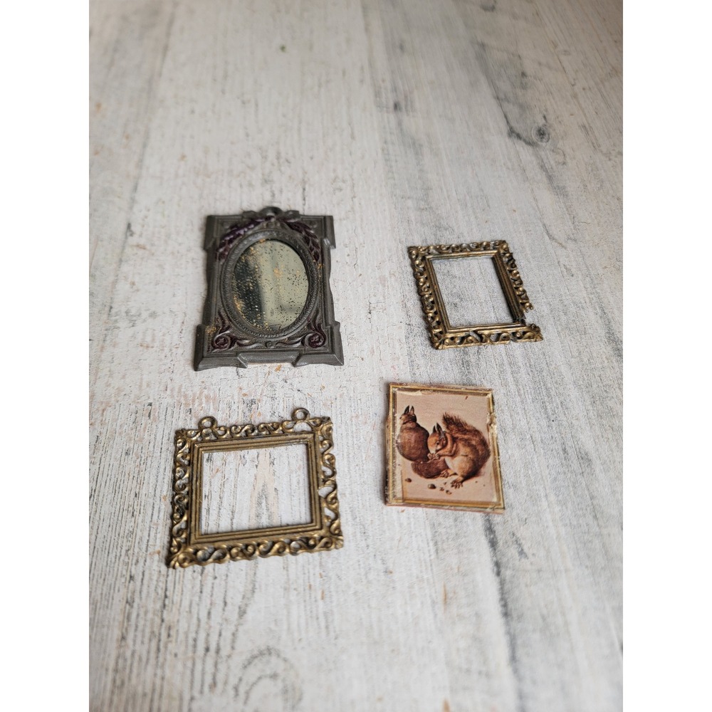 Vintage miniature mirror Victorian frame squirrel picture doll house accessory